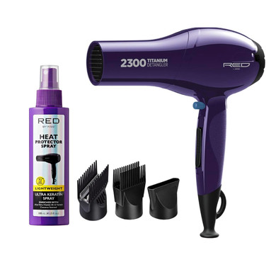 Red By Kiss Ultimate Hair Care Bundle  Titanium 2300 Detangler Dryer & Ultra Keratin Heat Protector Spray (4Oz)