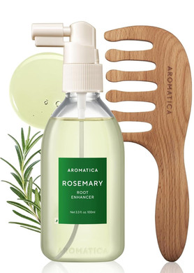 Aromatica Rosemary Root Enhancer & Wooden Scalp Massager Set - Hair Scalp Massager With Rosemary Water Scalp Serum For Hair Growth, Hair Care For Women, Dry Treatment Set
