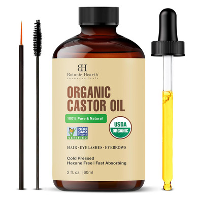 Botanic Hearth Castor Oil | 100% Pure & Natural, Cold Pressed | 2 Fl Oz (60 Ml) | For Hair, Eyelashes & Eyebrows | Hexane Free, Fast Absorbing | With Applicators & Dropper