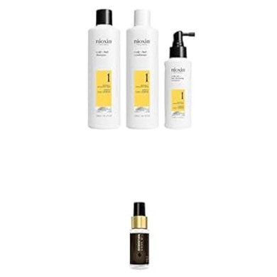 Nioxin Scalp + Hair Thickening System 1 - Hair Thickening System For Natural Hair With Light Thinning, Full Size - 3 Month Supply + Sebastian Professional Dark Oil Lightweight Hair Styling Oil, Trial