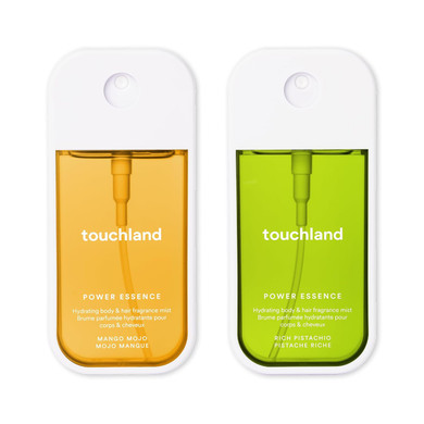 Touchland Power Essence Hydrating Body & Hair Fragrance, Golden Indulgence Duo (Mango Mojo + Rich Pistachio), 2 Fl. Oz. Travel Size Body Mist (Set Of 2)