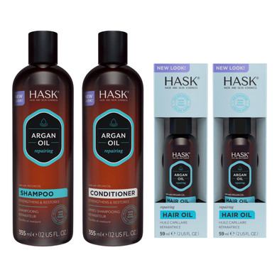 Hask Argan Restoring Set: 2 Argan Shine Hair Oil Vials And 1 Shampoo And Conditioner Set