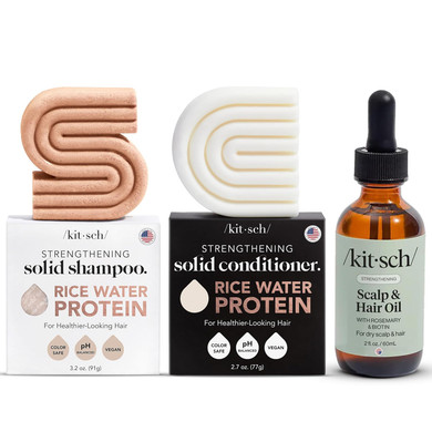 Kitsch Rice Water Shampoo And Conditioner Set + Pre-Wash Scalp Serum With Rosemary And Biotin - Shampoo And Conditioner Bar To Strengthen & Nourish Hair & Scalp, Hair Care Bundle - 3Pc Set