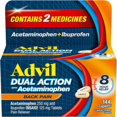 Advil Dual Action Back Pain Caplets Delivers 125Mg Ibuprofen And 250Mg Acetaminophen Per Dose For 8 Hours Of Back Pain Relief - 144 Count