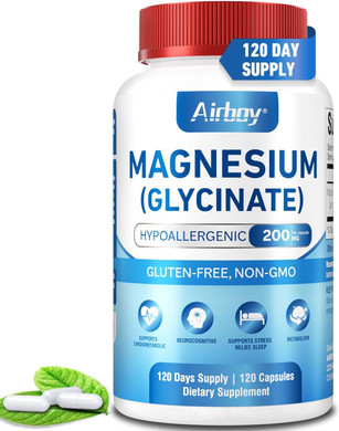 Airboy Magnesium Glycinate 200 Mg, Best Magnesium Glycinate For Sleep,120 Vegan Small Capsules, High Absorption Support Relaxation, Sleep And Calm Mood,Non-Gmo And No Gluten