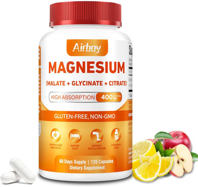 Airboy Magnesium Mineral Supplements Triple Magnesium Complex Supplement, 400Mg Of Magnesium Glycinate, Malate, Citrat, High Absorption Support Sleep, Muscle, And Relaxation,120 Vegan Capsules