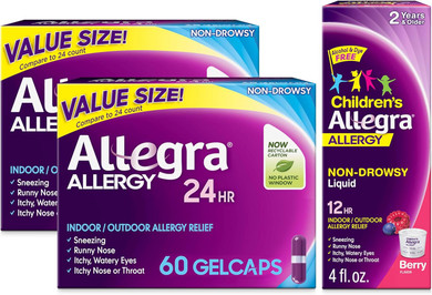 Allegra Allergy Relief Family Bundle, Non-Drowsy Indoor-Outdoor Allergy Medicine With Fexofenadine Hci, Adult 24Hr Gelcaps, 60 Ct, 2 Pk, Children'S 12Hr Liquid, Berry, 4 Oz