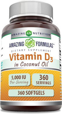 Amazing Formulas Vitamin D3 In Coconut Oil Supplement | 5000 Iu | 360 Softgels | Non-Gmo | Gluten-Free | Made In Usa