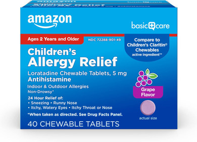 Amazon Basic Care Children'S Allergy Relief, Loratadine Chewable Tablets, 5 Mg, 24 Hour Medicine, Grape Flavored, 40 Count