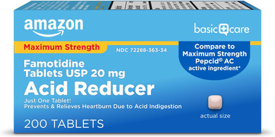 Amazon Basic Care Maximum Strength Famotidine Tablets 20 Mg, Acid Reducer For Heartburn Relief, 50 Count