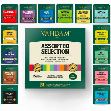 VAHDAM, Assorted Tea Bags Sampler Variety Pack (15 Variety Tea Bags) Christmas Gifts 2023 Ideas - Green Tea, Chai Tea & More | Gifts For Women, Men and Adults