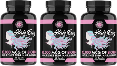 Angry Supplements Hair Envy 10,000 Mcg Biotin + Keratin, Grow + Hydrate Hair, Strengthen Thicken Nails, Clear & Nourish Skin  Help Damaged Thinning Hair, (3-Bottles)