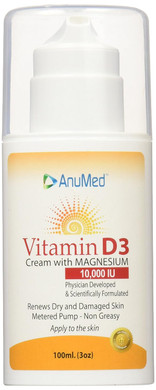 Anumed - Vitamin D3 10,000 Iu Cream With Magnesium + Hyaluronic Acid + Vitamin E For Beautiful And Healthy Skin Care. Promotes Stronger Bones, Muscles, Joints, Heart, Immune System, Non-Greasy (3Oz)