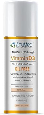 Anumed Vitamin D3 10,000 Iu Oil-Free Cream With Magnesium + Hyaluronic Acid, Vitamin E. Moisturizing Cream For Dry Skin. Non-Greasy, Non-Gmo, 100% Vegan, Gluten-Free (3Oz)