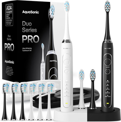 Aquasonic Duo Series Pro  Ultra-Whitening Electric Toothbrush Set  5 Modes & Smart Timers  Premium Travel Cases & 10 Proflex Brush Heads  Ada Accepted Toothbrushes