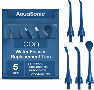 Aquasonic Icon Water Flosser Replacement Tips  5 Tips, 4 Tip Types: Standard, Periodontal, Orthodontic & Tongue Scraper - Genuine, Authentic Parts (Stone)