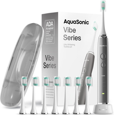 Aquasonic Vibe Series Ultra-Whitening Toothbrush  Ada Accepted Electric Toothbrush - 8 Brush Heads & Travel Case  40,000 Vpm Motor & Wireless Charging - 4 Modes W Smart Timer  Ruby