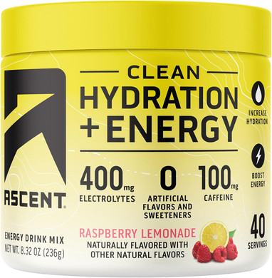 Ascent Clean Hydration + Energy Electrolytes Powder - 100Mg Caffeine, 400Mg Electrolytes, No Artificial Ingredients, Orange Mango 40 Servings