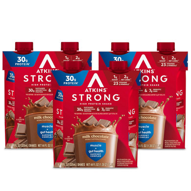 Atkins Strong High Protein Shake, Milk Chocolate Flavored, 30G Protein, Low Carb And Low Sugar Shake, Keto Friendly, Gluten Free, Muscle And Gut Health Support Complex, 12 Count