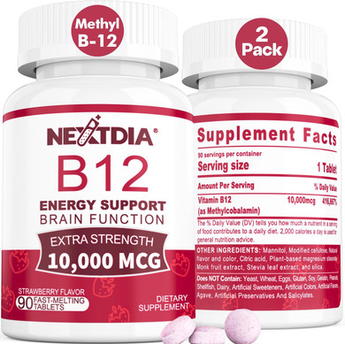B12 Vitamins 10,000 Mcg, Methylated Vitamin B12 Sublingual - Energy Boost, Focus, Metabolism & Brain Health Support, Immune System Support, Fast Dissolve, Natural Strawberry Flavor, 180 Servings
