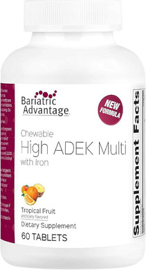 Bariatric Advantage Chewable High Adek With Iron - For Bariatric Patients - High Potency Vitamin A, D, E & K - Includes B-Vitamins - Chewable Multivitamins - Tropical Fruit - 60 Tablets