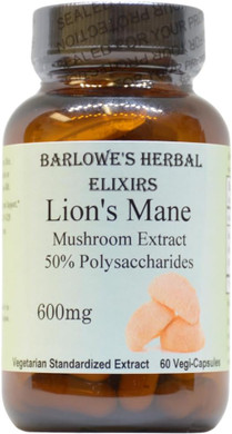 Barlowe'S Herbal Elixirs Lion'S Mane Mushroom Extract | Cognition And Focus Supplement | Brain Health Support | 50% Polysaccharides | 600Mg Per Capsule | 60 Veggie Capsules | Bottled In Glass