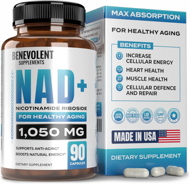 Benevolent Nad+ Supplement 1050Mg  90 Capsules For Maximum Absorption & Cellular Energy Boost  Supports Brain Function, Memory, Stamina & Healthy Aging With Nicotinamide Riboside, Trans-Resveratrol