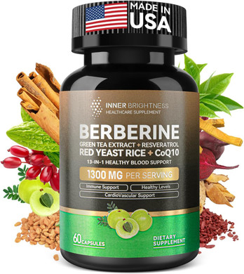 Berberine 1300Mg With Green Tea Extract, Resveratrol, Red Yeast Rice & Coq10  13-In-1 Immune Health, Natural Metabolic Support  60 Capsules  Non-Gmo, Lab Tested