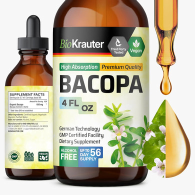 Bio Krauter Bacopa Monnieri Drops - Brain Support Brahmi Supplements - Liquid Bacopa Supplements - Alcohol & Sugar Free - Vegan 2 Fl.Oz