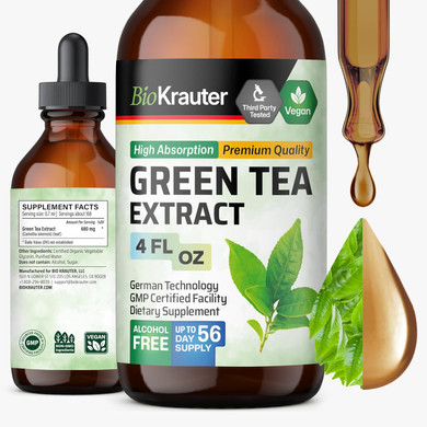 Bio Krauter Green Tea Extract Liquid Drops - Green Tea Supplements - Antioxidant Source - Alcohol And Sugar Free - 4 Fl.Oz