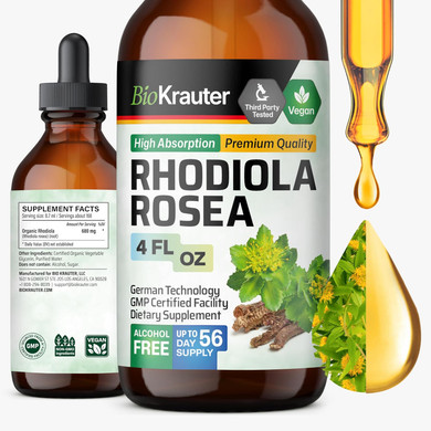 Bio Krauter Rhodiola Supplement Liquid - Pure Rhodiola Rosea Tincture For Calmness Support - Alcohol & Sugar Free Extract - 4 Fl.Oz