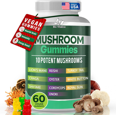 Bio Vitalica Mushroom Gummies - Lions Mane Gummies For Adults With 10 - Blend Mushrooms Complex Reishi, Chaga, Cordyceps, Turkey Tail, & More - Mushroom Supplement (1)