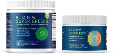 Biohm Super Greens And Super Kids Bundle, Green Superfood Powder Antioxidant Veggies With Kids Superfood Plus Probiotics, Berry Flavor, 30 Servings Each