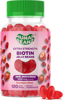 Biotin Jelly Bean Gummy Vitamins, Extra Strength Biotin For Hair, Skin And Nails, 5000Mcg Per Serving, Hair Growth Vitamins For Men And Women, 120 Strawberry Blast Jelly Beans, Kosher