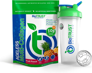 Biotrust Ageless Multi Collagen 5-In-1 Protein Powder (Fruit Punch) Blenderbottle Bundle