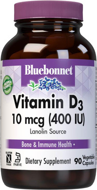 Bluebonnet Nutrition Vitamin D3 400 Iu Vegetable Capsule, Aids In Muscle And Skeletal Growth, Cholecalciferol From Lanolin, D3, Non Gmo, Gluten Free, Soy Free, Milk Free, Kosher, 90 Vegetable Capsule (B0012Dvsjq)