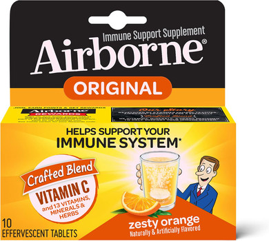 Airborne 1000mg Vitamin C with Zinc Effervescent Tablets, Immune Support Supplement with Powerful Antioxidants Vitamins A C & E - 10 Fizzy Drink Tablets, Zesty Orange Flavor