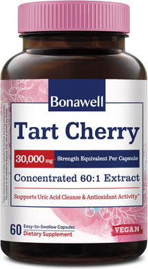 Bonawell Tart Cherry 60:1 Extract, 30000Mg Strength, Made From Montmorency Tart Cherries, Powerful Uric Acid Cleanse, Mobility, 2 Month Supply, 60 Capsules