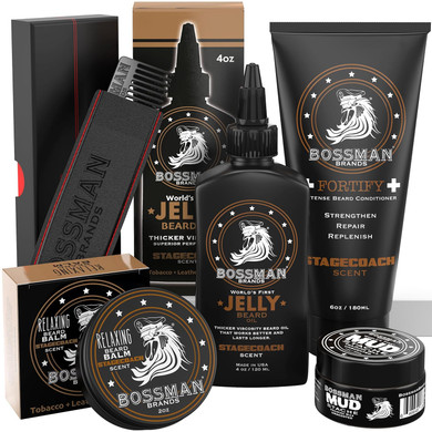 Bossman Complete Beard Kit  Men'S Beard Oil Jelly, Fortifying Shower Conditioner, Balm, Mustache Wax & Comb  Beard Softener & Grooming Care (Gold Scent)