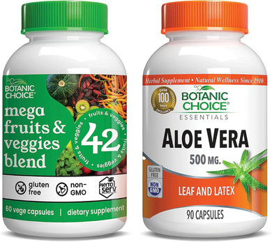 Botanic Choice Mega Fruits And Veggies Blend (60 Capsules) + Aloe Vera (90 Capsules) Bundle - Energy Balance & Superfood Supplement + Digestive Health Support