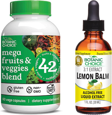 Botanic Choice Mega Fruits And Veggies Blend (60 Capsules) + Lemon Balm Tincture (1 Fl Oz) Bundle - Energy Balance & Superfood Supplement + Relaxation And Sleep Support
