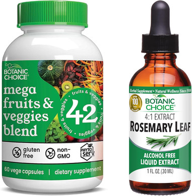 Botanic Choice Mega Fruits And Veggies Blend (60 Capsules) + Rosemary Leaf Extract (1 Fl Oz) Bundle - Energy Balance & Superfood Supplement + Concentration & Memory Support