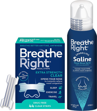 Breathe Right Extra Strength Clear Nasal Strip (44Ct) And Breathe Right Saline Nasal Rinse Spray 4.0 Oz Bundle