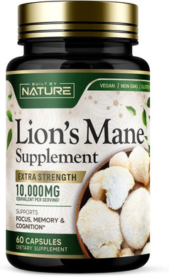 Built By Nature LionS Mane 10,000Mg  Extra Strength Mushroom Supplement For Nootropic Brain Support  Focus, Memory And Cognitive Function  Non-Gmo, Gluten-Free, Vegan - 60 Capsules