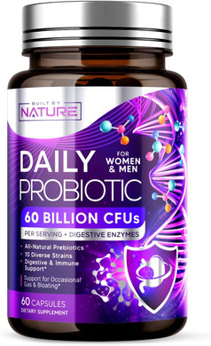 Built By Nature Probiotic For Women & Men  60 Billion Cfu, 10 Strains + Prebiotics & Digestive Enzymes  Supports Digestive, Immune, Reduce Gas & Bloating  Shelf Stable, Non-Gmo - 60 Capsules