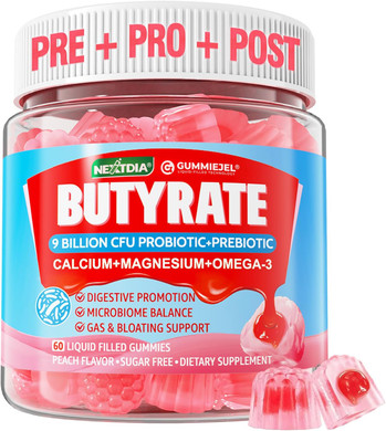Butyrate Gummies With Probiotic + Prebiotic + Postbiotic, Omega-3 500Mg,9 Billion Cfu Probiotics With Fiber, Calcium & Magnesium, Inulin,Psyllium Husk For Digestive Health,Bloating Support,Sugar Free