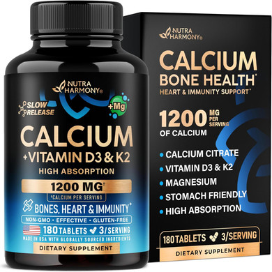 Calcium Supplements For Women - Calcium 1200 Mg With Vitamin D3 & K2 - Bone Health, Strength & Density - High Absorption, Slow Release - Made In Usa - Citrate & Carbonate Form, 180 Tablets For 2 Month