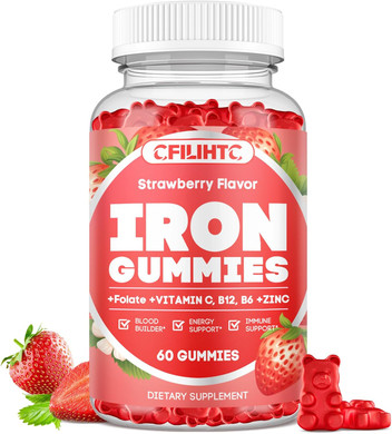 Center-Filled Iron Gummies For Adults & Kids - Iron Supplement With Vitamin B6, B12, C, Zinc, Folate - Support Women Iron Deficiency, Anemia, Blood Builder - Sugar Free Vegan 60Ct Apple & Kiwi Flavor