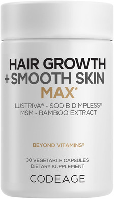 Codeage Hair Growth + Smooth Skin Max Vitamins Supplement - Patented Lustriva & Sod B Dimpless Superoxide Dismutase - Hair Growth Health Skin Cellulite Support - Biotin, Vitamin C, Msm - 30 Capsules