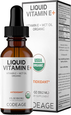 Codeage Liquid Vitamin E+ - Usda-Certified Organic Vitamin E - 2-Month Supply - D-Alpha Tocopherol Acetate, Organic Mct Oil, Organic Orange Fruit Oil, Unflavored, Non-Gmo, Vegan, Gluten-Free, 2 Fl Oz